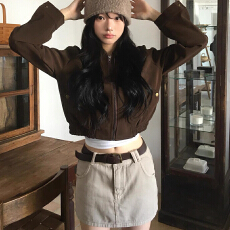 批发2016韩国chic法式复古风翻领口袋宽松百搭短款长袖夹克外套女