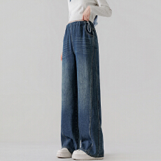 实拍 孕妇抽绳牛仔裤外穿阔腿裤无托腹孕妇牛仔裤宽松直筒裤