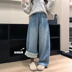 孕妇牛仔裤春秋加绒前后烫钻满天星微窄弯刀裤休闲阔腿时髦长裤子