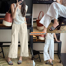 批发孕妇夏季镂空绣花<b class='q'>全棉</b>阔腿直筒裤外穿透气九分裤无托腹