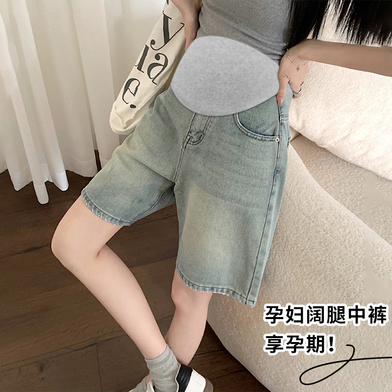 m-3xl 여름 하이웨이스트 복부 지지 임산부 데님 5 점 반바지 노스탤지어 부서 외출용 루즈핏 캐주얼 바지