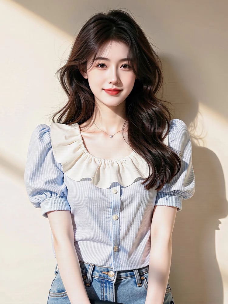 파란색 거품 소매 세로 줄무늬 여성 셔츠 고급 센스 빛 럭셔리 연령 감소 외국 가스 맨위 디자인 센스 프릴 작은 셔츠