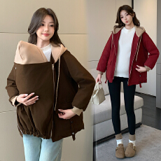 批发抱婴大衣孕妇装外套棉衣秋冬宝妈抱娃时尚母子连体衣袋鼠装