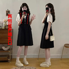 批发<b class='q'>孕妇装</b>夏季新款黑色假两件短袖连衣裙显瘦收腰遮肉带口袋<b class='q'>哺乳</b><b class='q'>裙子</b>