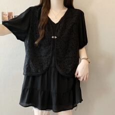 批发<b class='q'>大码</b>胖mm夏季新款假两件蕾丝拼接雪纺衫宽松遮肚显瘦衬衣女