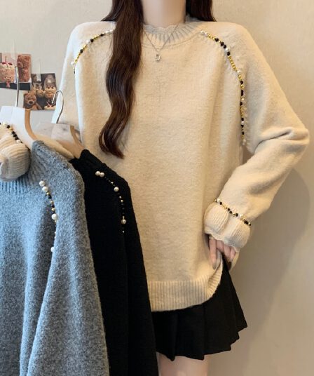 출산 착용 가을 겨울철 새로운 개성 비즈 박기 디자인 센스 패션 루즈핏 표지 배 외국 가스 스웨터