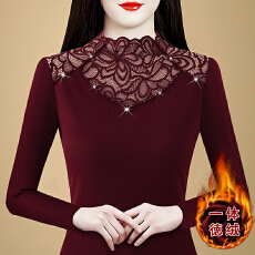 批发实拍 半高领蕾丝拼接双面绒打底衫女秋冬洋气小衫修身显瘦上衣