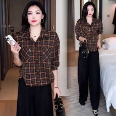 批发早春新款女<b class='q'>上衣</b>气质穿搭宽松显瘦格子小个子衬衫