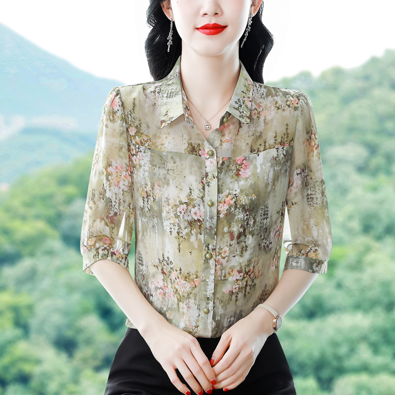 실사 2026 여름 새로운 외국 가스 7부 소매 맨위 품격 연령 감소 엄마 프린트 셔츠