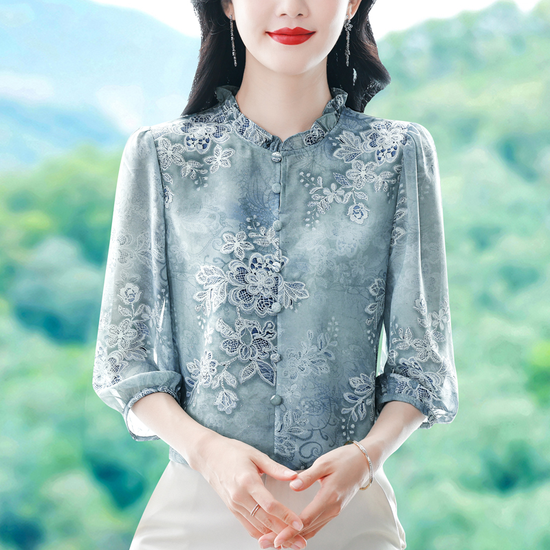 실사 2026 봄 여름 새로운 프릴 표지 고기 작은 셔츠 7부 소매 여성 의류 품격 프린트 슬림해 보이는 맨위