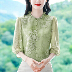 批发实拍2026春夏季新款木耳边遮肉小衫七分袖女装气质<b class='q'>印花</b>显瘦上衣