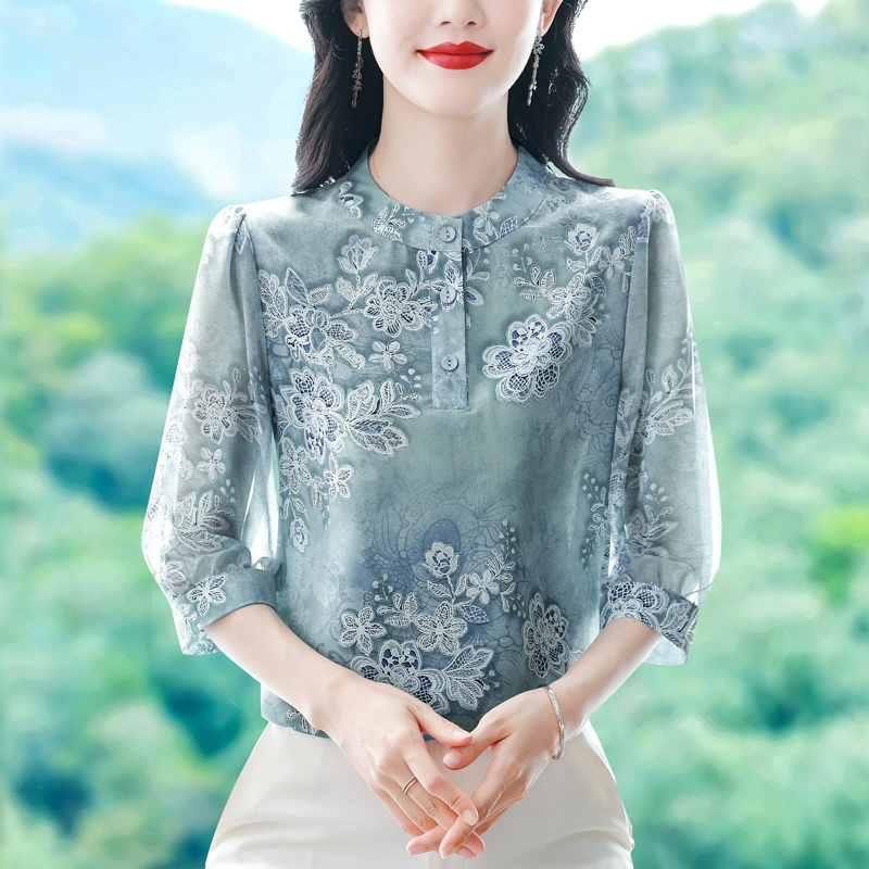실사 2026 여름 새로운 패션 엄마 7부 소매 프린트 블라우스 품격 연령 감소 우아함 슬림해 보이는 작은 셔츠