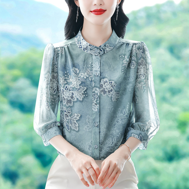 실사 2026 여름 새로운 패션 엄마 7부 소매 프린트 블라우스 품격 연령 감소 우아함 슬림해 보이는 작은 셔츠