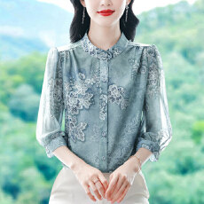 批发实拍2026夏季新款时尚妈妈七分袖<b class='q'>印花</b>女衬衫气质减龄优雅显瘦小衫