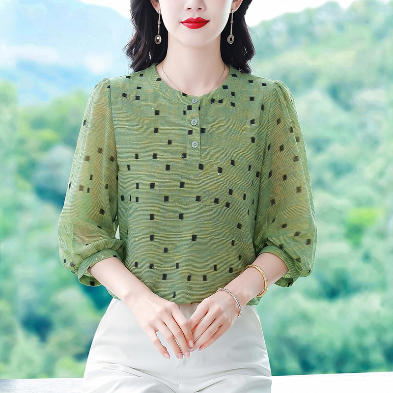 실사 2026 여름 새로운 패션 엄마 7부 소매 프린트 블라우스 품격 연령 감소 슬림해 보이는 작은 셔츠