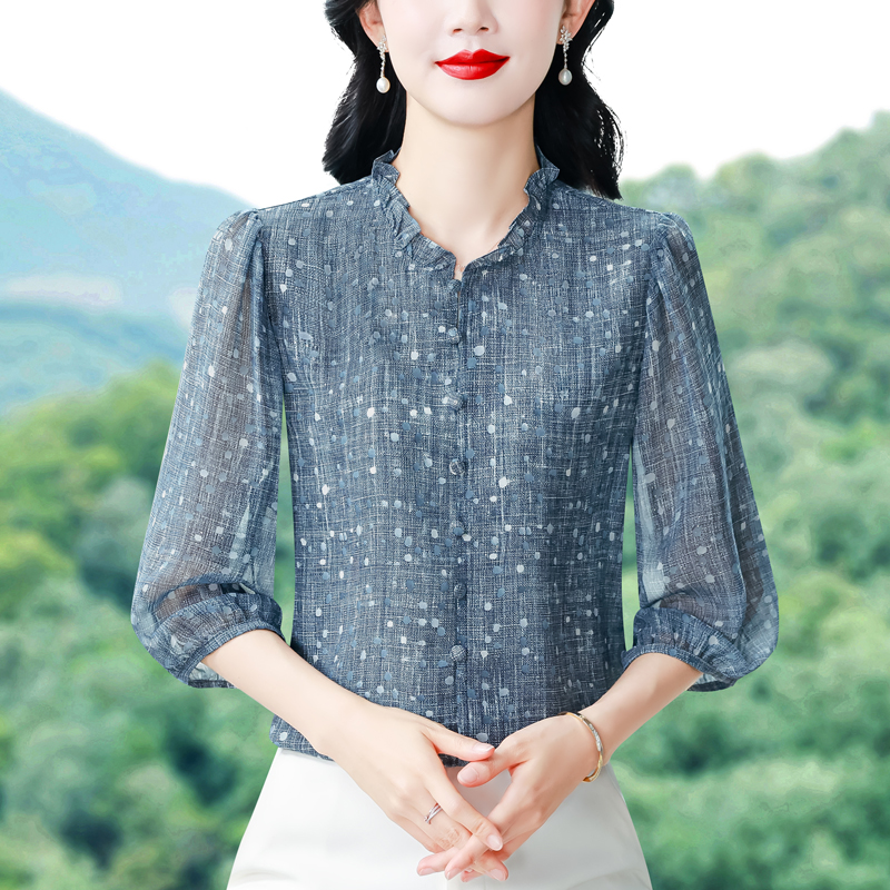 실사 2026 여름 새로운 프릴 표지 고기 작은 셔츠 7부 소매 여성 의류 품격 프린트 슬림해 보이는 맨위