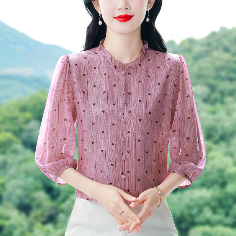 실사 2026 여름 새로운 프릴 표지 고기 작은 셔츠 7부 소매 여성 의류 품격 프린트 슬림해 보이는 맨위