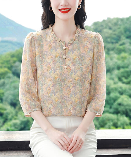 실사 꽃무늬 7부 소매 여성 셔츠 여름 새로운 슬림해 보이는 연령 감소 품격 루즈핏 우아함 고급 작은 셔츠