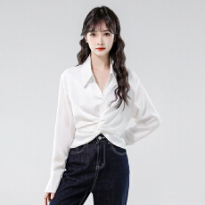 批发扭结<b class='q'>长袖</b>白<b class='q'>衬衫女</b>2026新款设计感短款洋气多穿缎面上衣