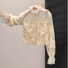 批发2026春款法式木耳边蕾丝<b class='q'>波点</b>花边拼接网纱收腰<b class='q'>衬衣</b>