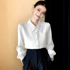 批发新款韩版缎面高级感设计感镂空蕾丝拼接衬衫<b class='q'>长袖</b>女