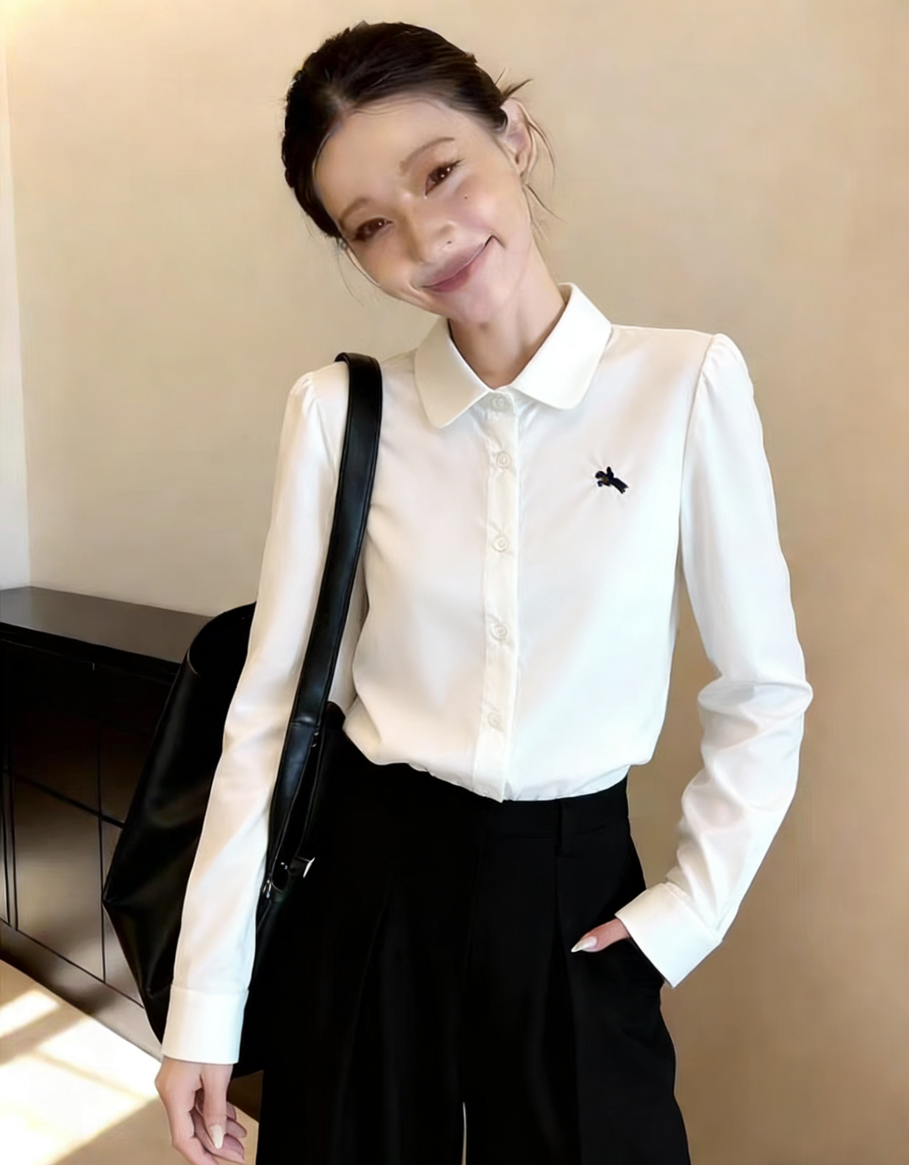 있음 선적 면 소재 자수 베이비 칼라 문예 팬 흰 셔츠 2026 새로운 높음 지혜 엘리트 폴로 칼라 셔츠