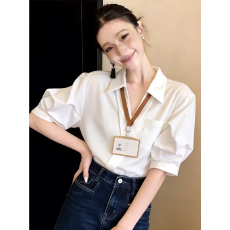 批发已出货~斜门襟白衬衫女夏2026新款法式v领宽松休闲凉感短袖衬衣