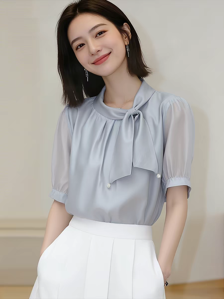 프랑스식 부드러운 바람 나비 매듭 리본 반팔 여성 셔츠 파란색 품격 고급 센스 다용도 출퇴근 맨위 여름