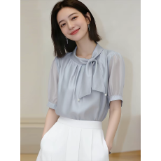 批发法式温柔风蝴蝶结飘带短袖衬衫女蓝色气质高级感百搭通勤上衣夏季