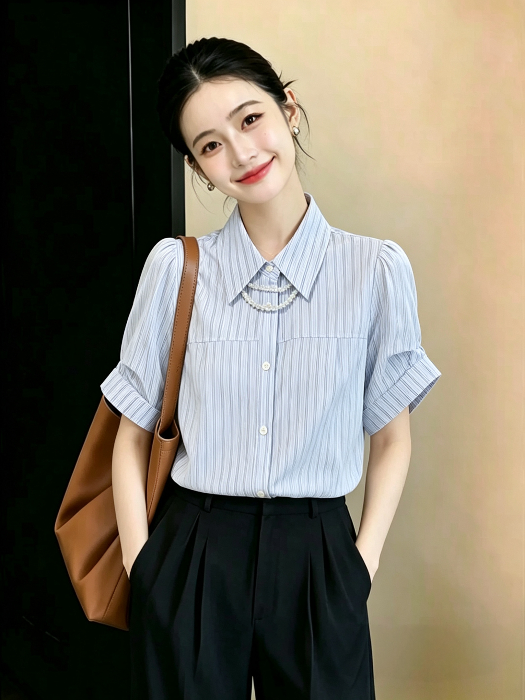 재고 있음 보내기 목걸이 여름 새로운 파란색 스트라이프 작은 대중 반팔 셔츠 2026 디자인 센스 출퇴근 맨위 여성