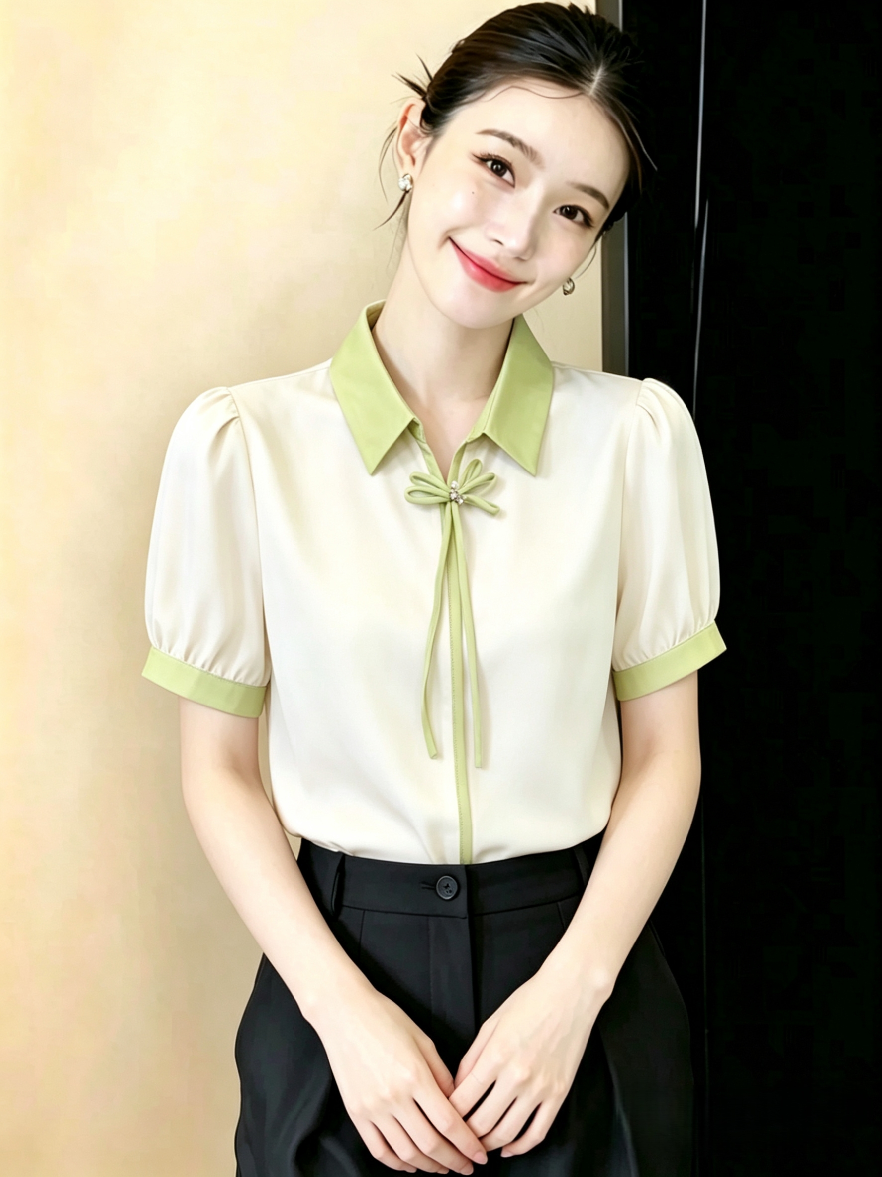 재고 있음 폴로 칼라 나비 매듭 셔츠 2026 여름 새로운 새틴 V넥 패치워크 색상 시폰 셔츠 여성 다용도 맨위