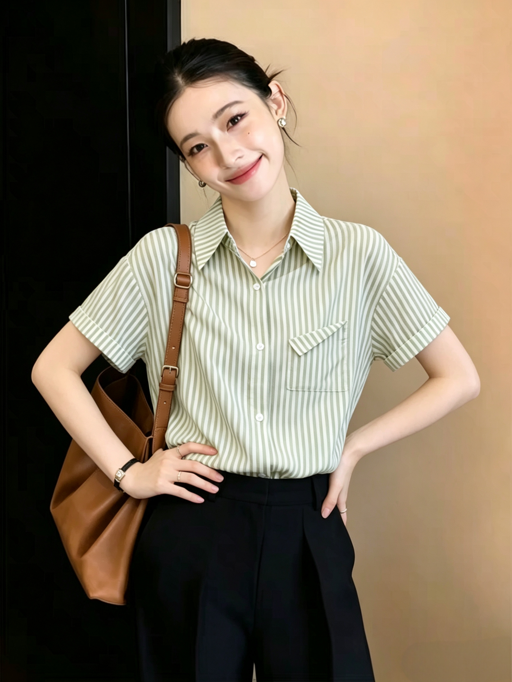 스트라이프 셔츠 여성 2026 년 여름 새로운 폴로 칼라 개성 고유 한 쉬폰 블라우스 프랑스식 작은 대중 반팔 맨위