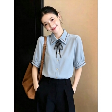 批发蝴蝶结蓝色衬衫女泡泡短袖通勤衬衣2026夏季新款面试<b class='q'>职业</b>雪纺上衣