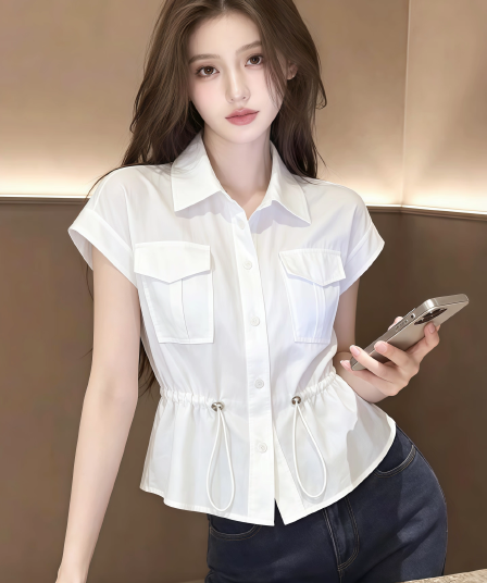 화이트 반팔 여성 셔츠 2026 새로운 여름 프랑스식 사소한 Chic 빛 럭셔리 고급 센스 펌프 로프 셔츠 맨위