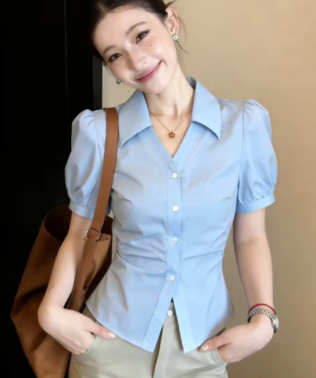 파란색 POLO 칼라 반팔 셔츠 여자 2026 새로운 여름 디자인 센스 프랑스식 사소한 아름다운 맨위 셔츠