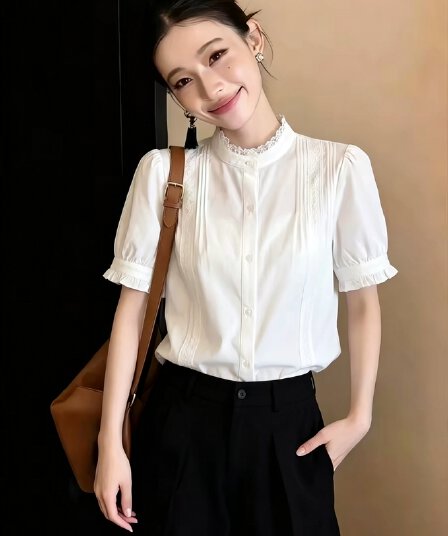 프랑스식 낭만주의 바람 거품 소매 화이트 레이스 여성 셔츠 여름 새로운 프릴 칼라 다용도 슬림해 보이는 연령 감소 맨위