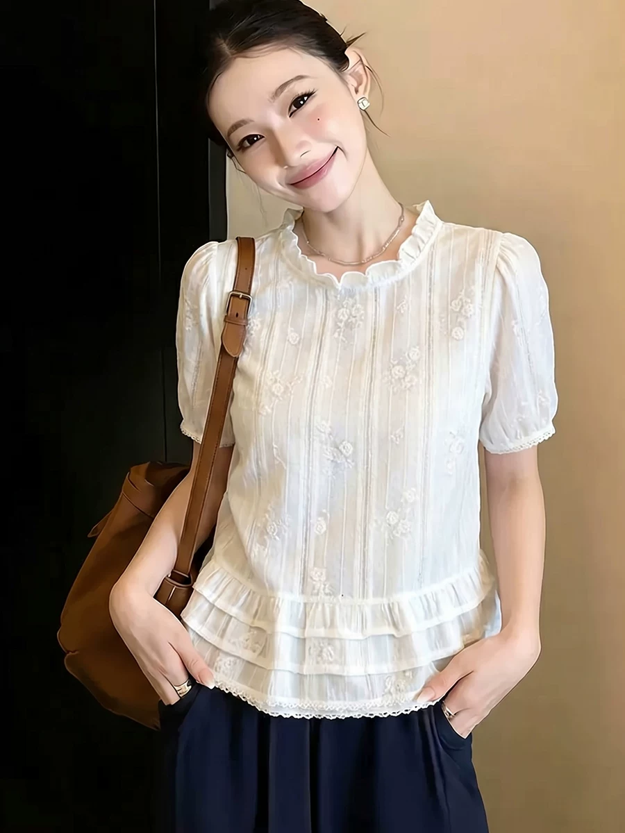 프랑스식 품격 프릴 자수 반팔 여성 셔츠 여름 루즈핏 디자인 센스 작은 대중 고급 센스 거품 소매 맨위