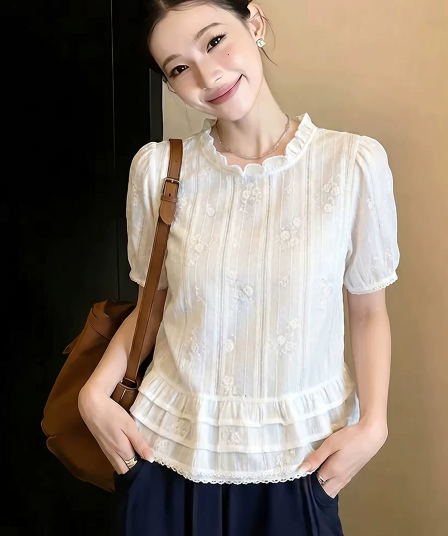 프랑스식 품격 프릴 자수 반팔 여성 셔츠 여름 루즈핏 디자인 센스 작은 대중 고급 센스 거품 소매 맨위