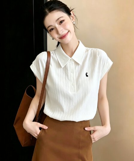 재고 있음 프로 피부 편안함 면 높음 지혜 토끼 자수 반팔 셔츠 POLO 셔츠 여성 레트로 루즈핏 캐주얼 맨위