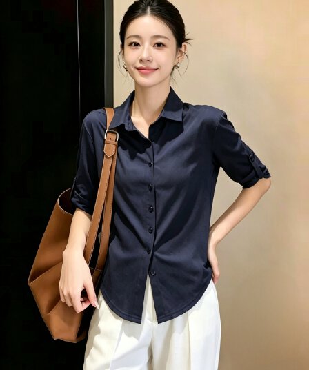 미니멀리즘 화이트 중간 소매 셔츠 여성 의류 여름 폴로 칼라 단추 다용도 품격 익스트림 제인 바람 맨위 티셔츠