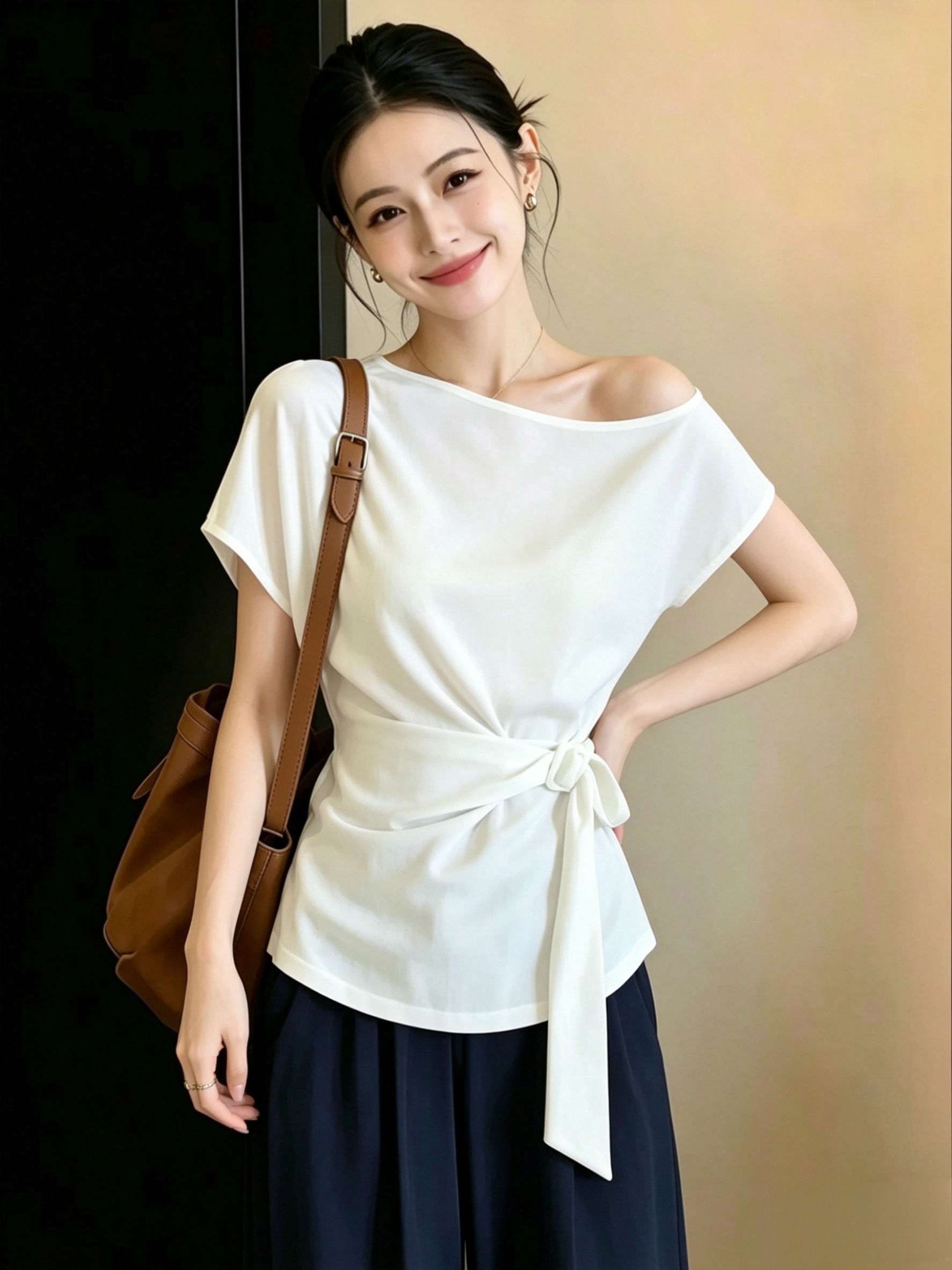 한 부서 연령 감소 반팔 티셔츠 여름 스트랩 허리 수축 슬림해 보이는 품격 느긋한 다용도 품격 맨위
