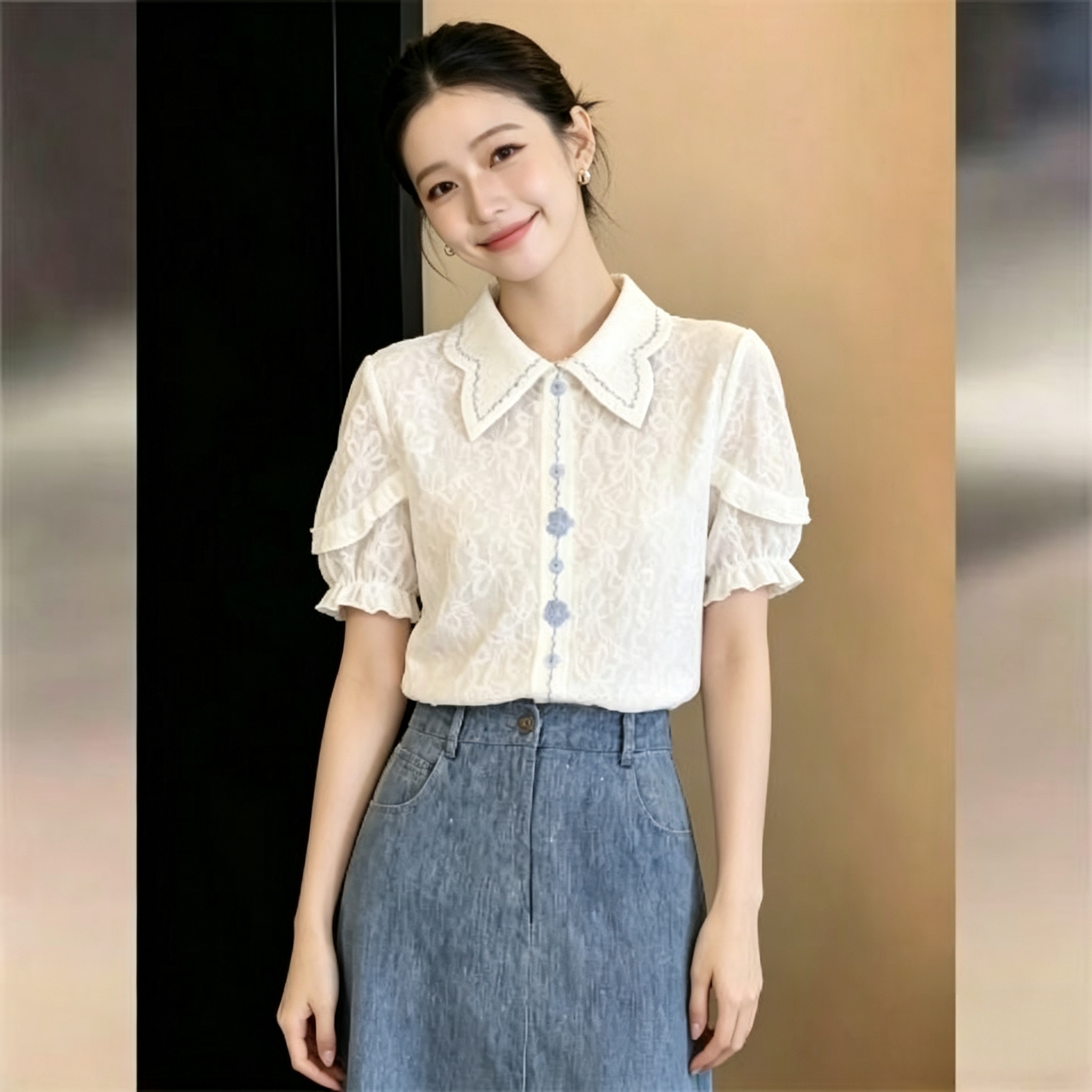 블루 꽃 달콤한 튜브 슈퍼 잘 생긴 화이트 자카드 반팔 여성 셔츠 디자인 센스 다용도 품격 맨위