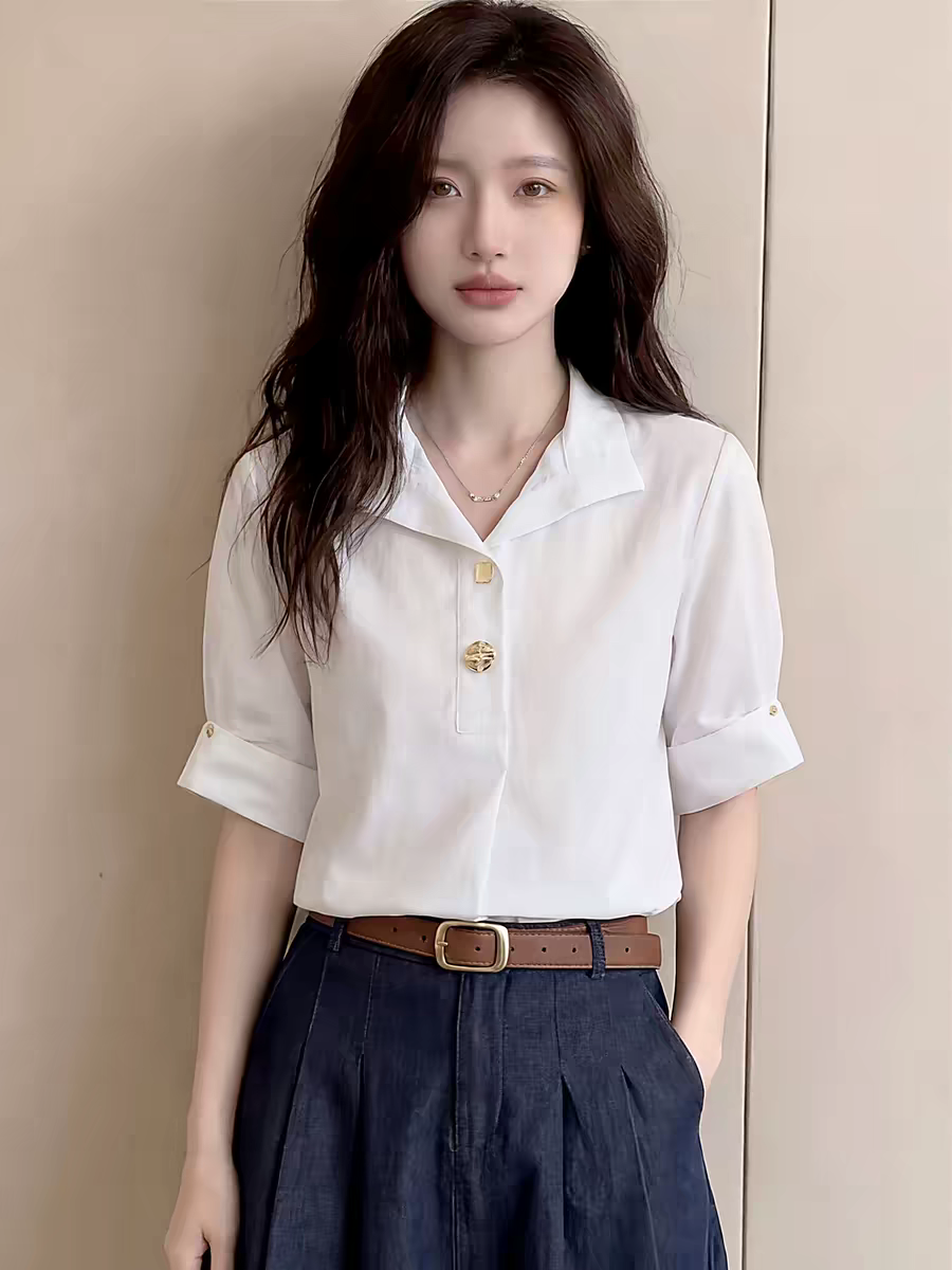 순수한 욕망 레트로 화이트 POLO 칼라 반팔 여성 셔츠 여름 고급 다용도 품격 슬림해 보이는 맨위