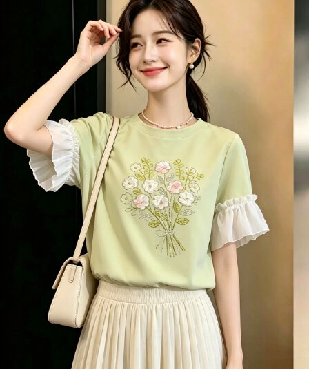 나무 배 케이크 고유 한 핫픽스 녹색 라운드 넥 반팔 티셔츠 여성 여름 디자인 센스 다용도 꽃무늬 맨위