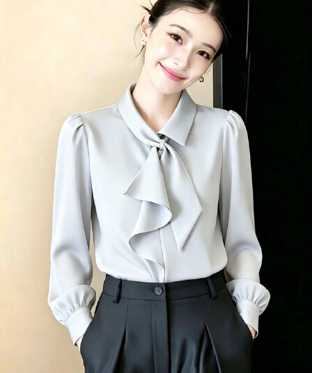 은회색 나비 넥타이 레이스업 비대칭 디자인 긴팔 여성 셔츠 이른 가을 새로운 품격 출퇴근 맨위