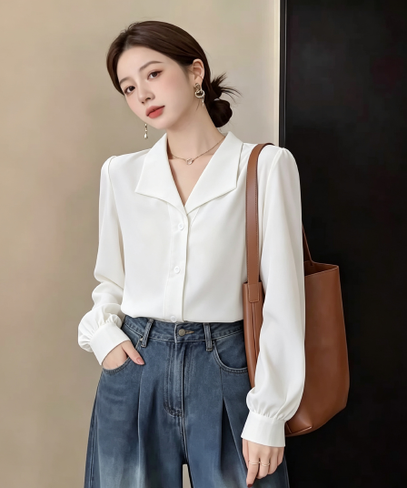 고급 도루 센스 화이트 셔츠 여성 긴 소매 ol 출퇴근 긍정적 인 어깨 폴로 칼라 셔츠 프랑스식 품격 맨위