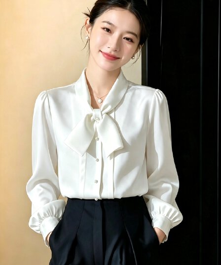 한 부서 고급 센스 나비 매듭 새틴 화이트 여성 셔츠 가을 새로운 분위기 센스 착용 가져 가라. 출퇴근 품격 맨위