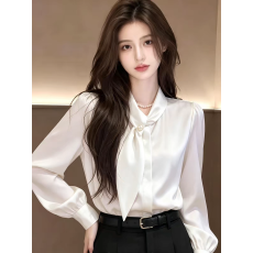 批发设计感法式立领飘带<b class='q'>衬衫</b>女长袖2026秋季通勤气质<b class='q'>衬衣</b>垂感上衣白色