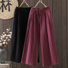 批发实拍双纱<b class='q'>婴儿</b>棉秋复古国风高腰休闲长<b class='q'>裤</b>棉麻宽松大码松紧腰阔腿<b class='q'>裤</b>