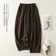 批发条纹九分裤<b class='q'>女</b>宽松百搭大码<b class='q'>哈伦裤</b>夏季新款复古文艺棉麻薄款休闲裤